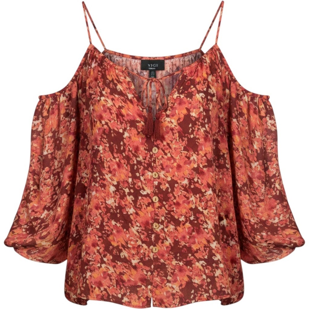 VICI Cold Shoulder Top Small Red Floral Boho Tassel Button Down Raw Hem Festival